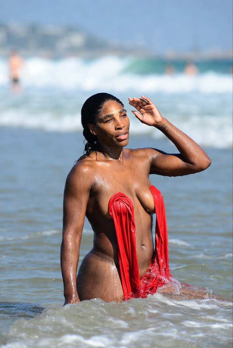 See Serena Williams in Spicy Wet Red Barely-There Never-Before-Seen Mouth-Watering Photos: Fans Lose It When the Red Dress Couldn't Hold Her Melons and Dropped and Revealed Her Giant...