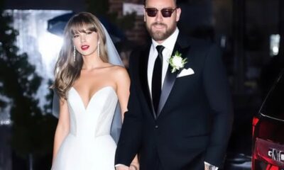 Travis Kelce and Taylor swift on wedding dress,