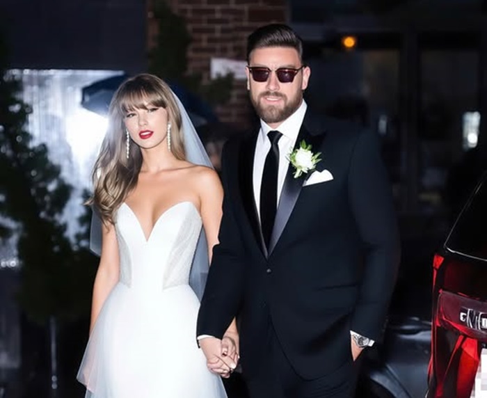 Travis Kelce and Taylor swift on wedding dress,