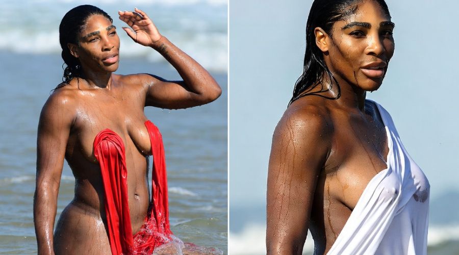 See Serena Williams in Spicy Wet Red Barely-There Never-Before-Seen Mouth-Watering Photos: Fans Lose It When the Red Dress Couldn't Hold Her Melons and Dropped and Revealed Her Giant...