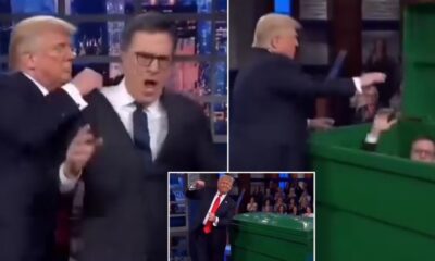 FULL VIDEO: Trump BURSTS into Stephen Colbert final 'late show' and pushing Colbert into a dumpster before he begins dancing to the Village People’s “YMCA.”