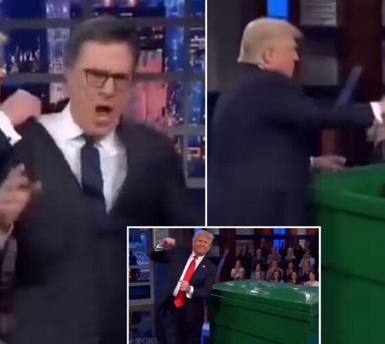 FULL VIDEO: Trump BURSTS into Stephen Colbert final 'late show' and pushing Colbert into a dumpster before he begins dancing to the Village People’s “YMCA.”