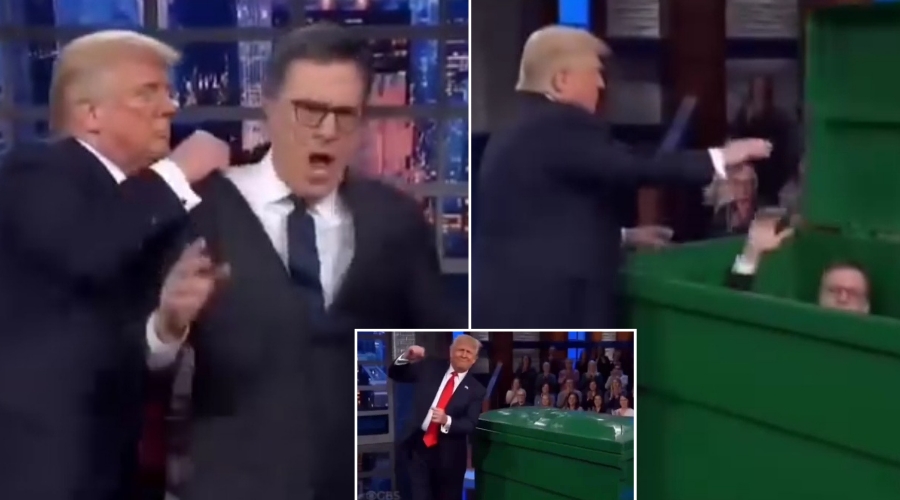 FULL VIDEO: Trump BURSTS into Stephen Colbert final 'late show' and pushing Colbert into a dumpster before he begins dancing to the Village People’s “YMCA.”