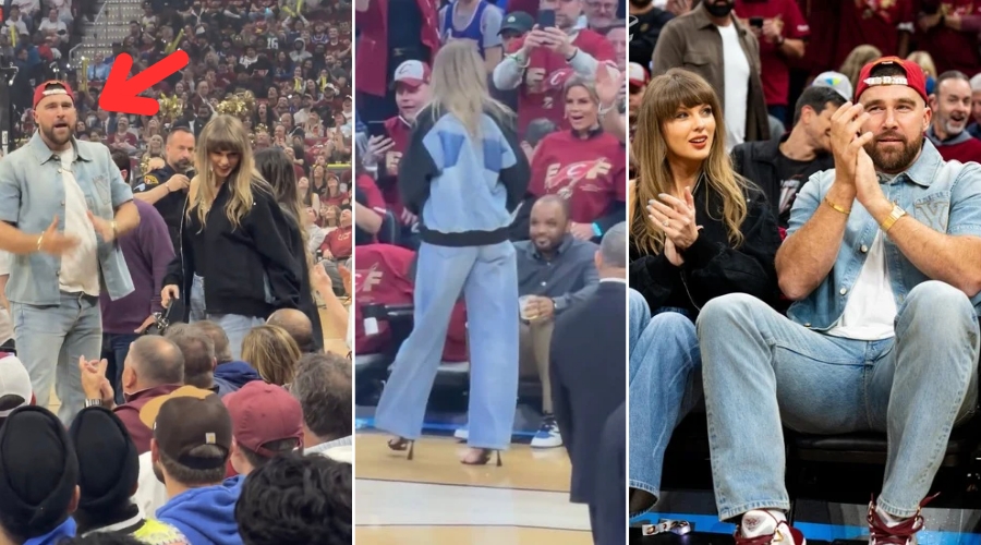 Watch moment Travis Kelce got emotional at the game when he and Taylor Swift arrived courtside for Knicks vs Cavaliers in Cleveland, wanted to sit but was stopped from sitting immediately due to the overwhelming reaction and moment from the crowd