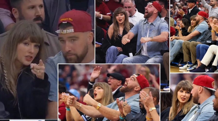 See hilarious moment Taylor Swift and Travis Kelce made a funny bet and chose different teams during Knicks vs Cavaliers game, with Travis’ team starting to win and Taylor giving a cute losing reaction courtside