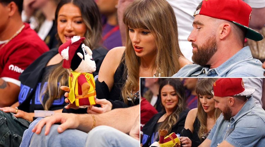 See funny moment Taylor Swift bursts into laughter after receiving a Cleveland Cavaliers mascot toy while Travis Kelce reacts differently courtside during the game